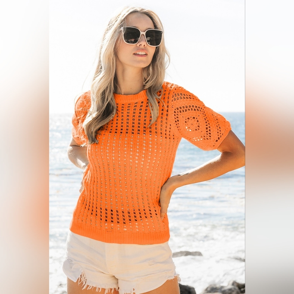 Just Jen Boutique Sale Offer BiBi Crochet Knit Cover Up With Puff Sleeves